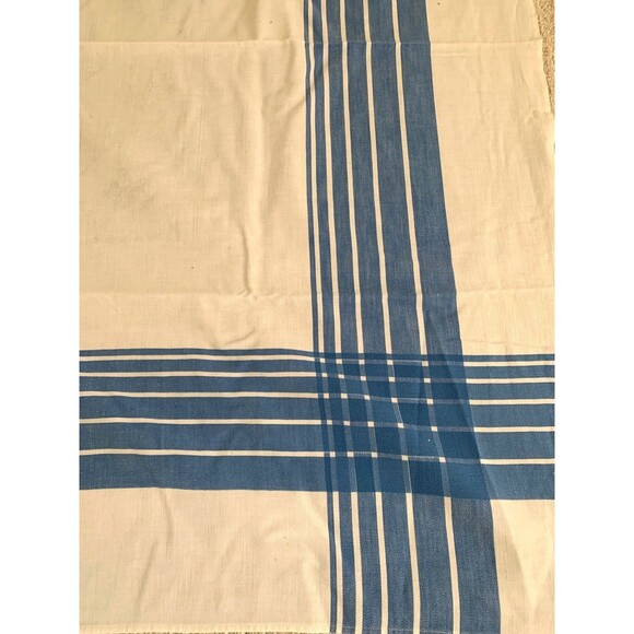 Vintage Blue White Plaid Cross Hatch Border Tablecloth 48" x 52" Cotton - Picture 3 of 5
